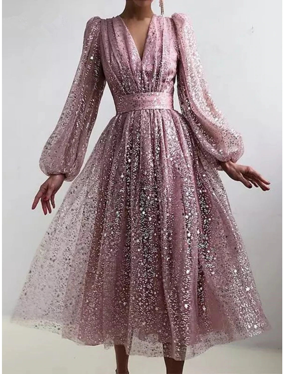 Abito da donna con paillettes, abito da festa, abito scintillante, abito da ballo, abito tubino, abito scampanato, abito midi, rosa antico, blu antico, manica lunga, tinta unita, arricciato, inverno, autunno, primavera, scollo a V